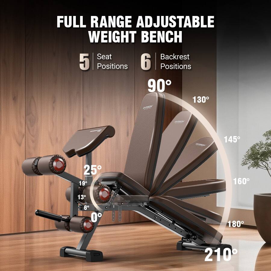 FULL RANGE ADJUSTABLE WEIGHT BENCH  
Seat Backrest  
5 Positions 6 Positions  
90° 130° 145° 25° 19° 13° 6° 0° 180° 210°