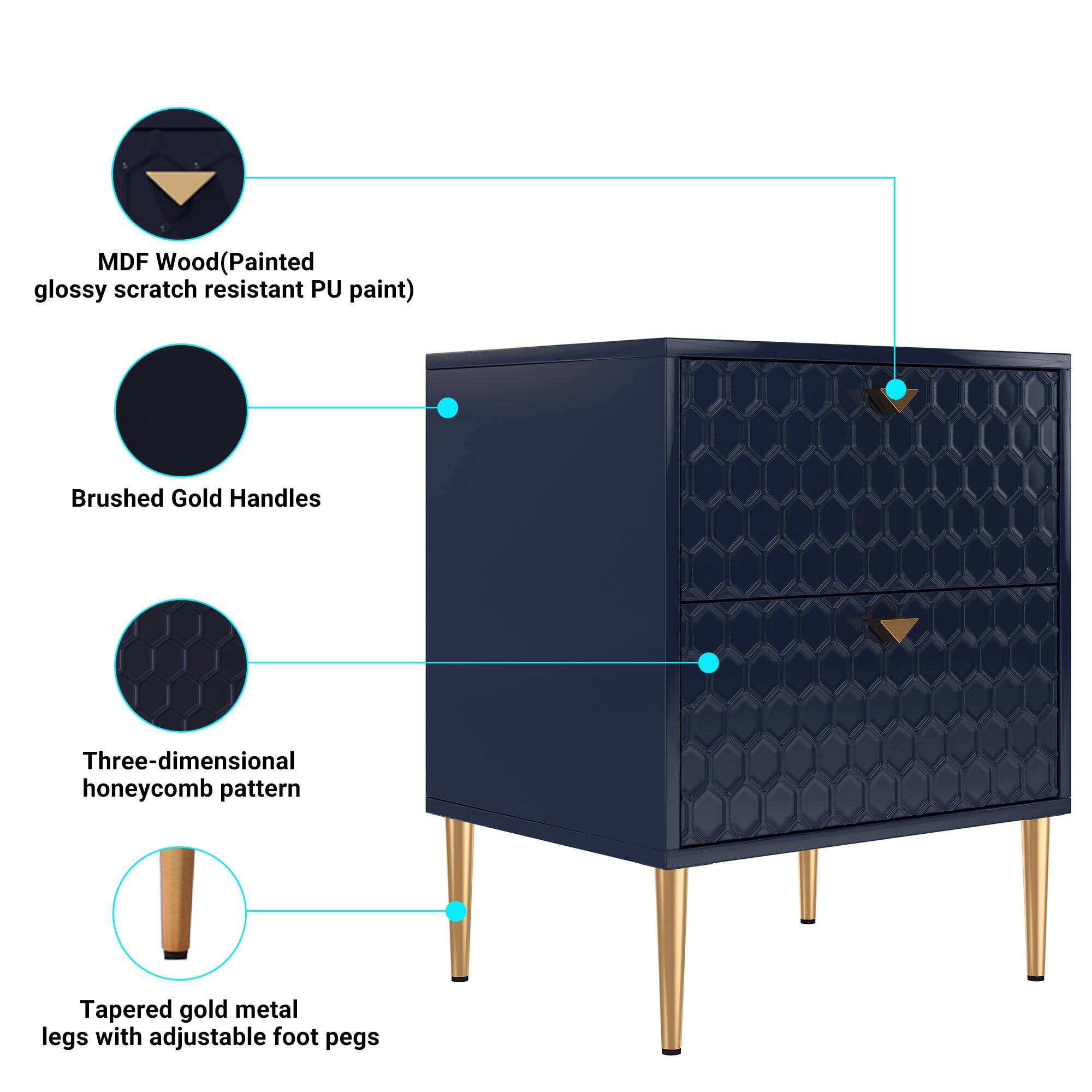 MDF Wood (Painted glossy scratch resistant PU paint)  
Brushed Gold Handles  
Three-dimensional honeycomb pattern  
Tapered gold metal legs with adjustable foot pegs