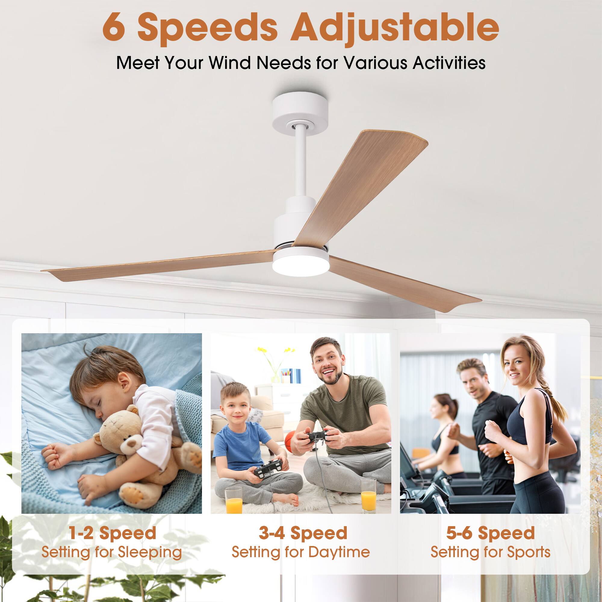 6 Speeds Adjustable  
Meet Your Wind Needs for Various Activities  

1-2 Speed Setting for Sleeping  
3-4 Speed Setting for Daytime  
5-6 Speed Setting for Sports