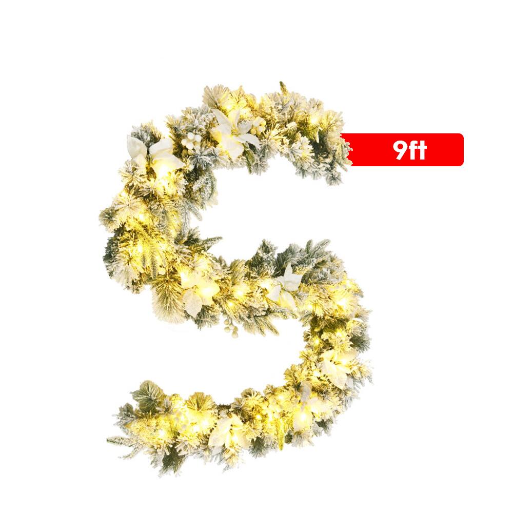 Left. BreeBe - 9ft Artificial Christmas Garland with 50 Warm White LED Lights – Pre-Lit Holiday Decoration - White.