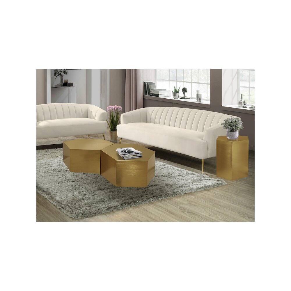Alt View 1. Meridian Furniture - Hexagon Brushed Gold Coffee Table - Gold.