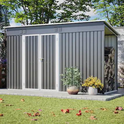 Front. Loheer - 10'x4' Metal Outdoor Storage Shed with Floor Frame & Lockable Door - Gray.