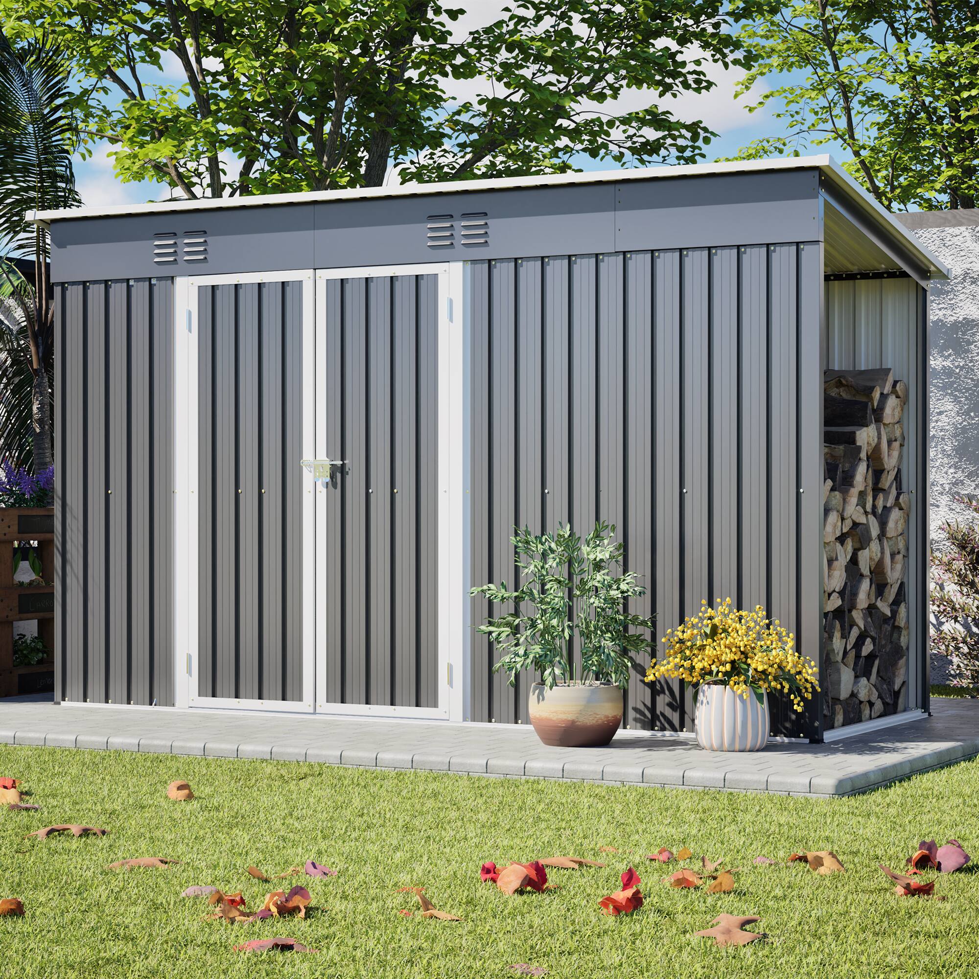 Front. Loheer - 10'x4' Metal Outdoor Storage Shed with Floor Frame & Lockable Door - Gray.