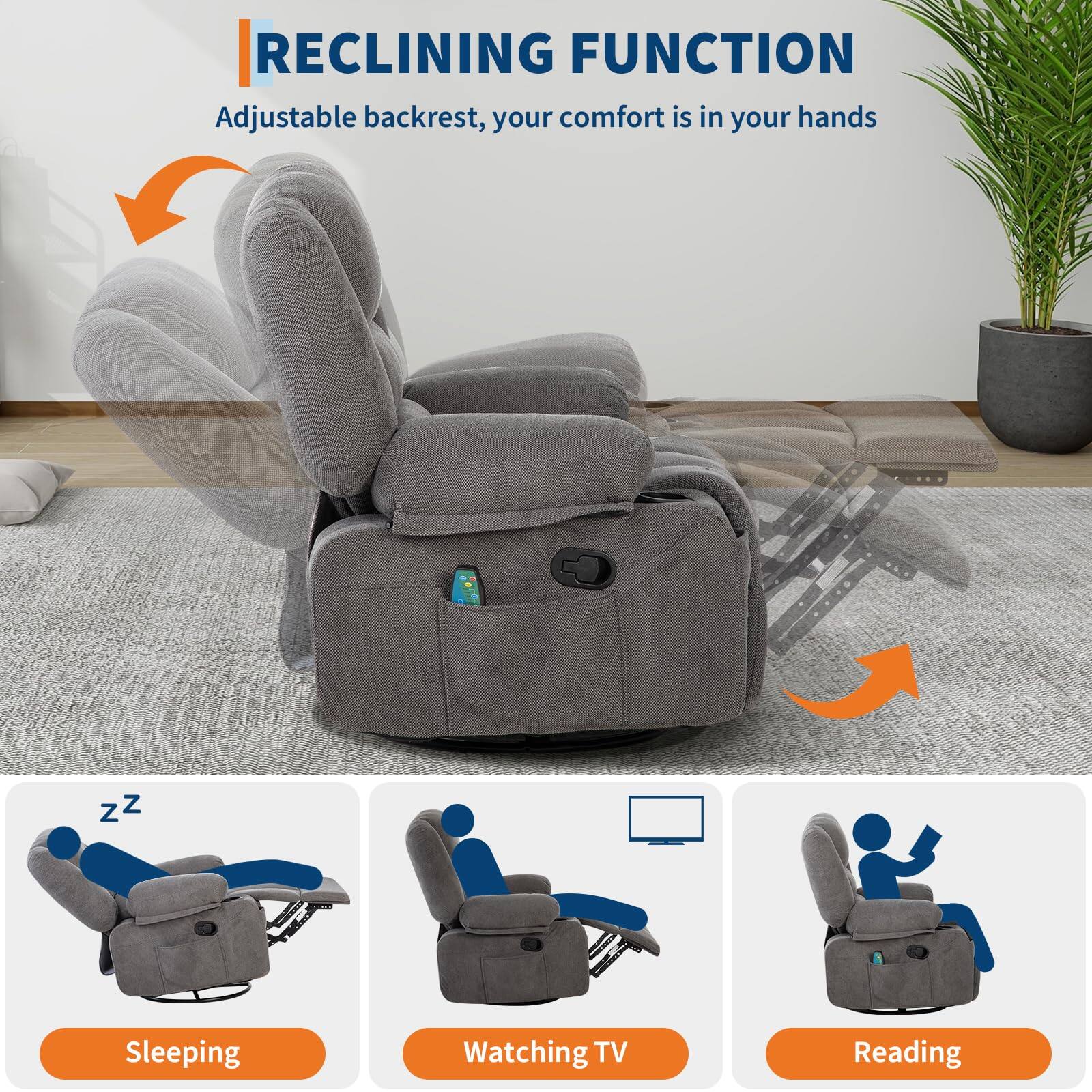 RECLINING FUNCTION  
Adjustable backrest, your comfort is in your hands  

Sleeping  
Watching TV  
Reading