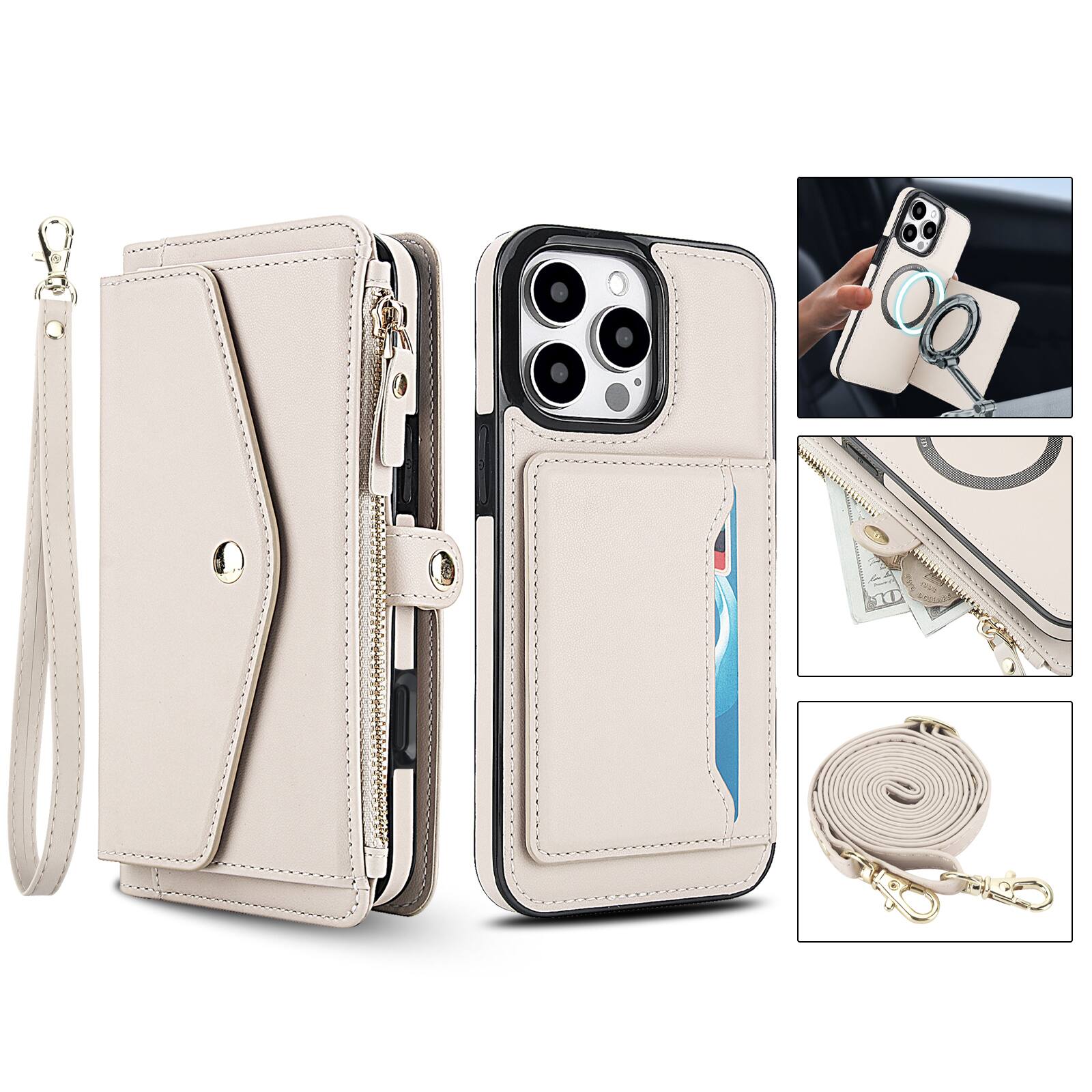 Alt View 3. Dteck - Crossbody RFID Blocking Zipper Wallet Card For iPhone 16 Pro Handbag Magnetic Kickstand Wrist Strap Case - White.