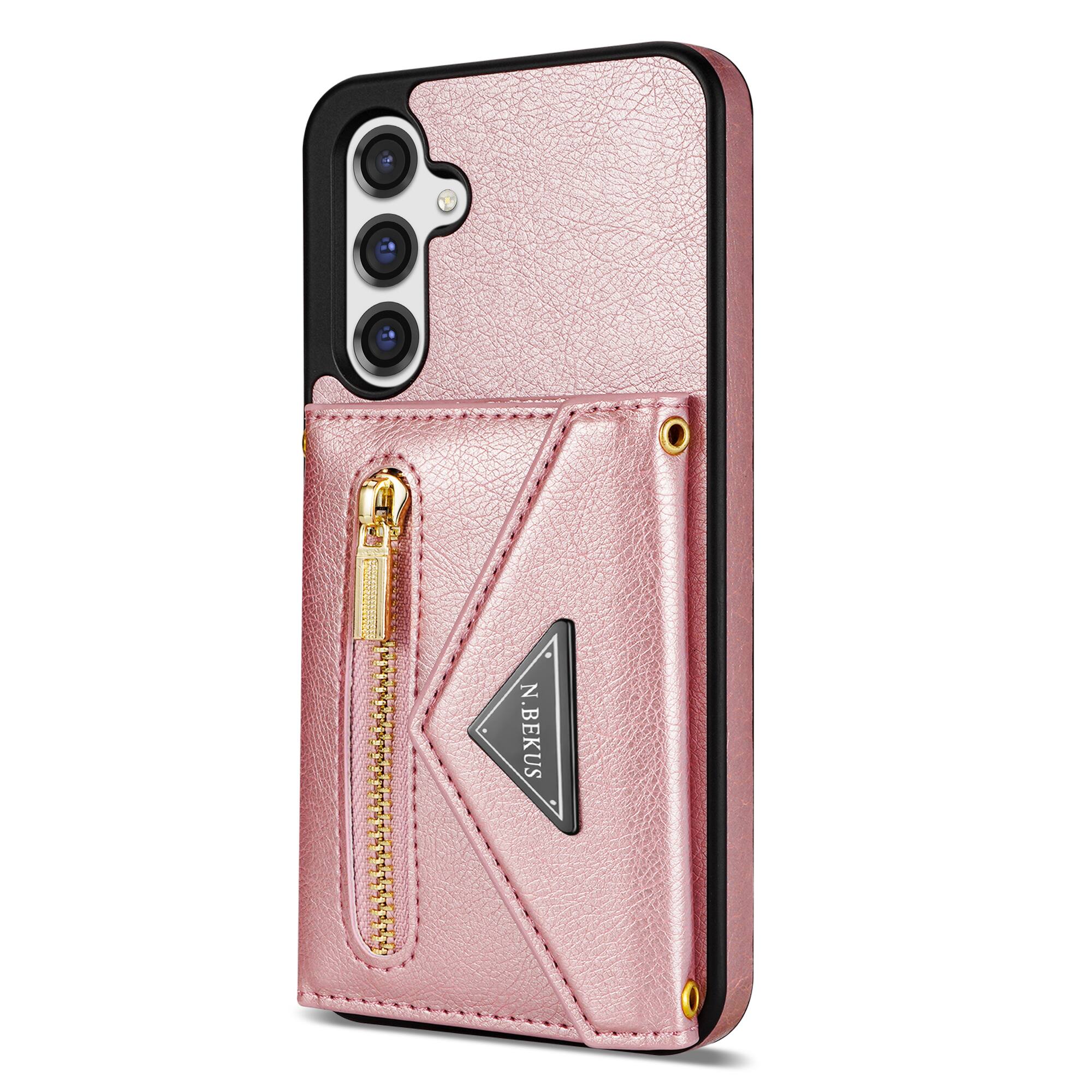 Alt View 8. Dteck - Crossbody Wallet Case for Samsung Galaxy S26, Shockproof PU Leather Stand Cover with Zipper Pocket and Card Slots - Pink.