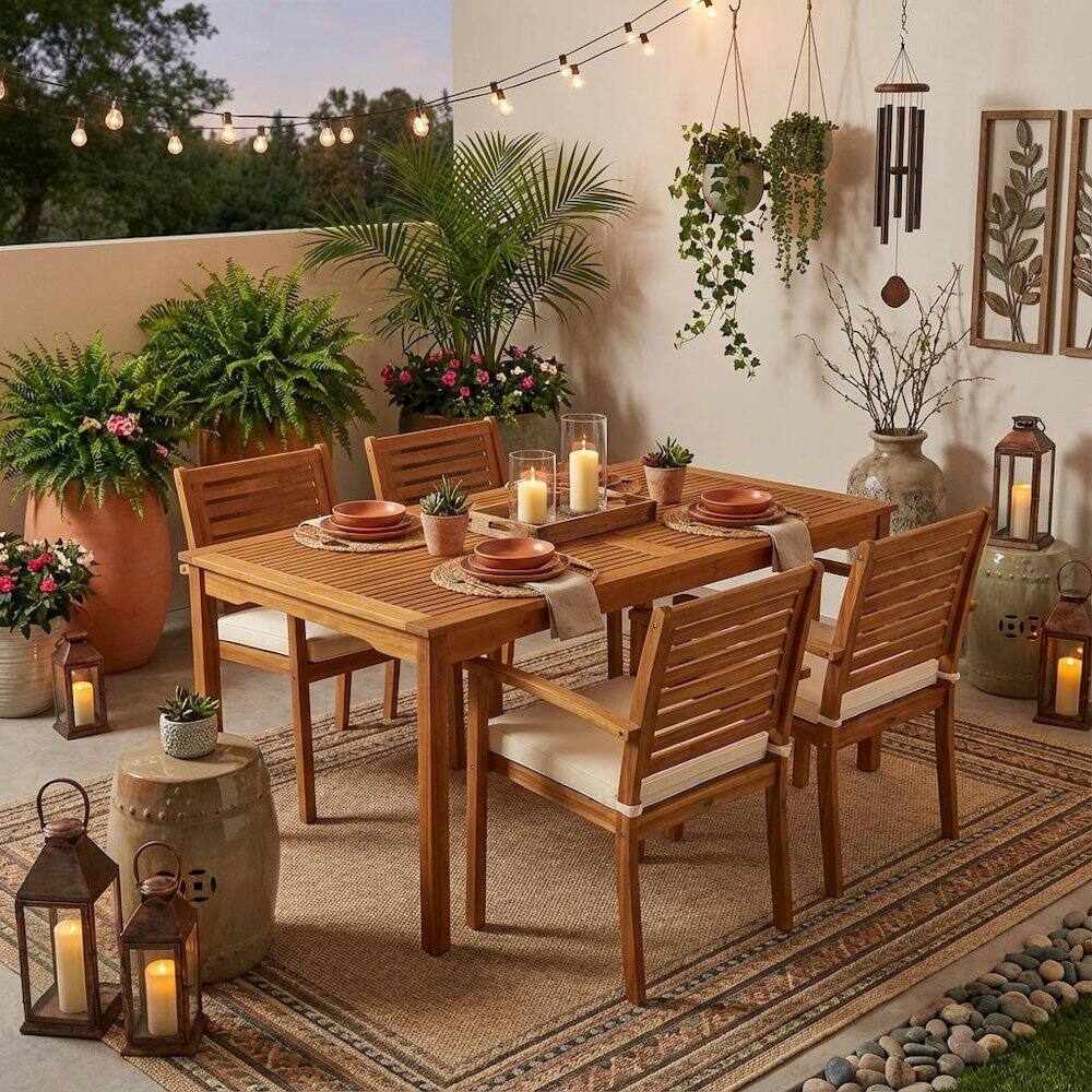 Alt View 2. Outdoor Escape - Oil-Finish 7-Piece Patio Dining Set with Acacia Wood Table and Chairs - Brown.