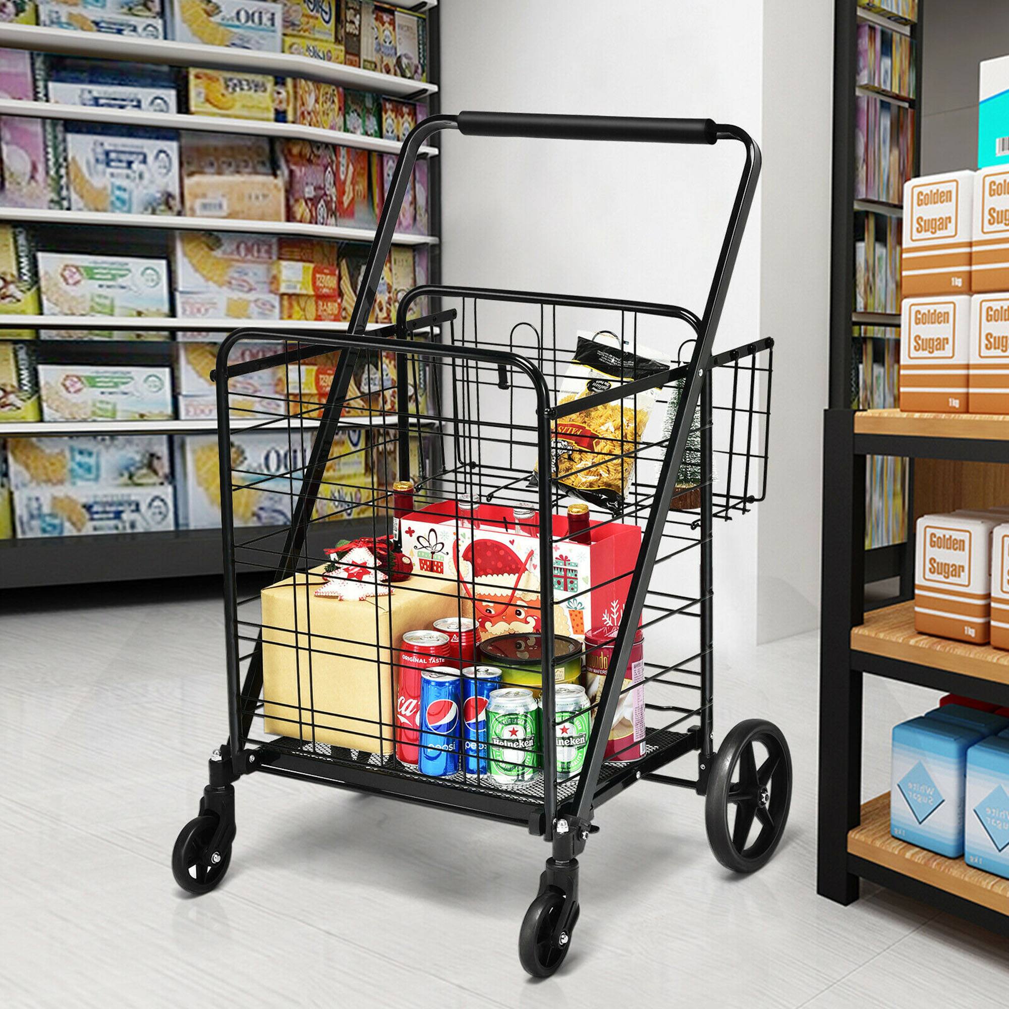 The image features a shopping cart filled with various items, including a bottle of Coca-Cola, a box of Golden Sugar, and other groceries. The cart is placed in an aisle of a store, surrounded by shelves containing different products. The scene suggests that the shopper is in the process of selecting and purchasing items for their needs.