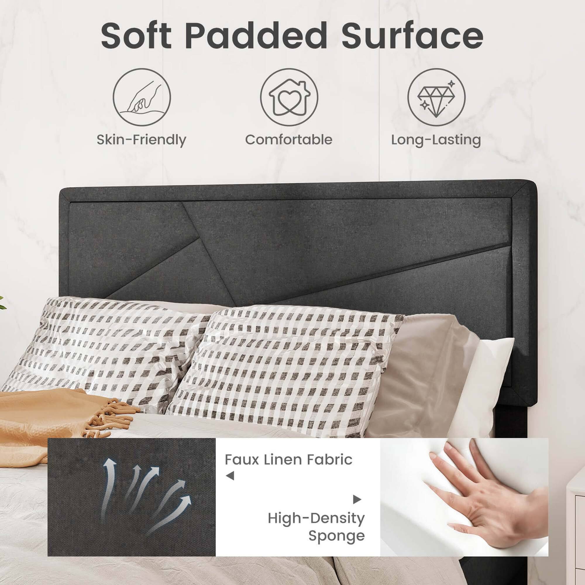 Soft Padded Surface: Skin-Friendly, Comfortable, Long-Lasting, Faux Linen Fabric, High-Density Sponge.