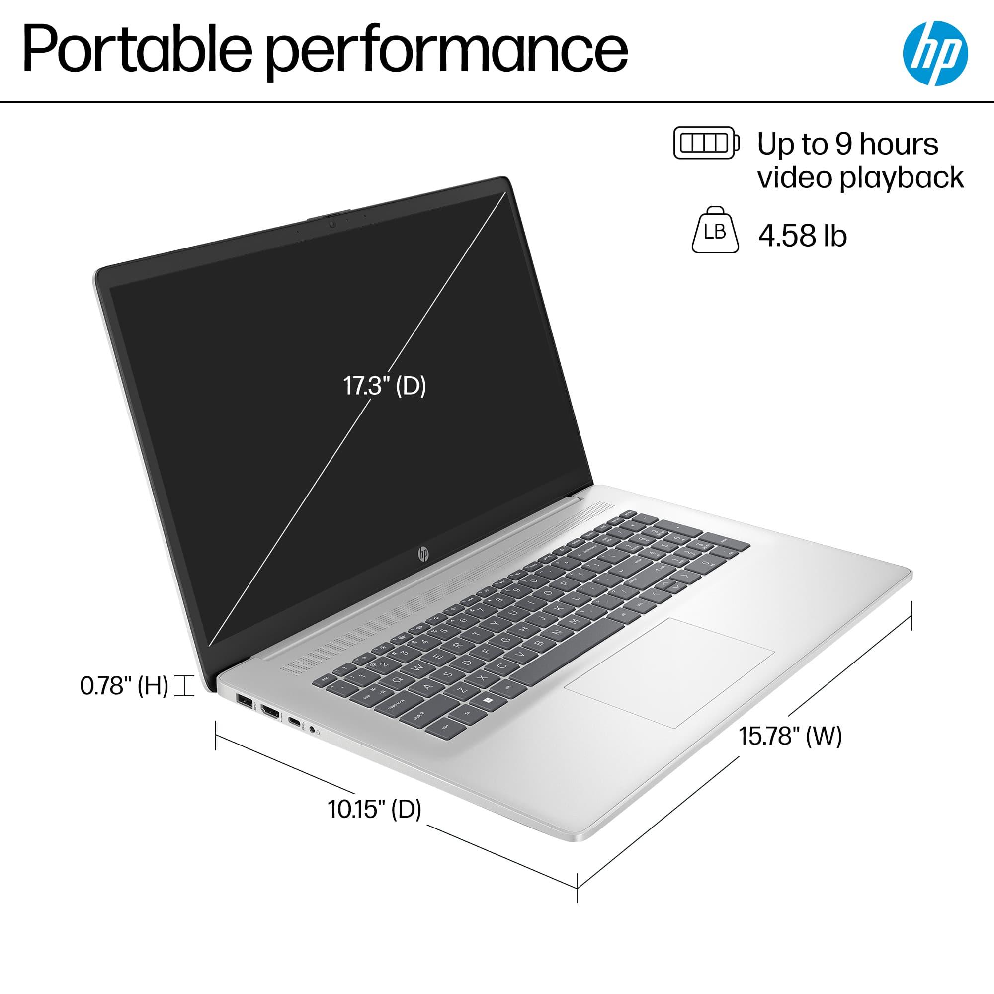 Portable Performance HP: Up to 9 hours video playback, 4.58 lb, 17.3" (D), 0.78" (H), 15.78" (W), 10.15" (D).