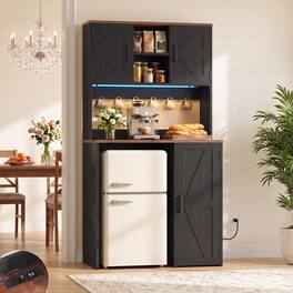Aheaplus - Mini Fridge Coffee Bar Cabinet: with Outlet & LED Lights, Microwave Shelf, Beverage Station for Kitchen Dorm Office - Black