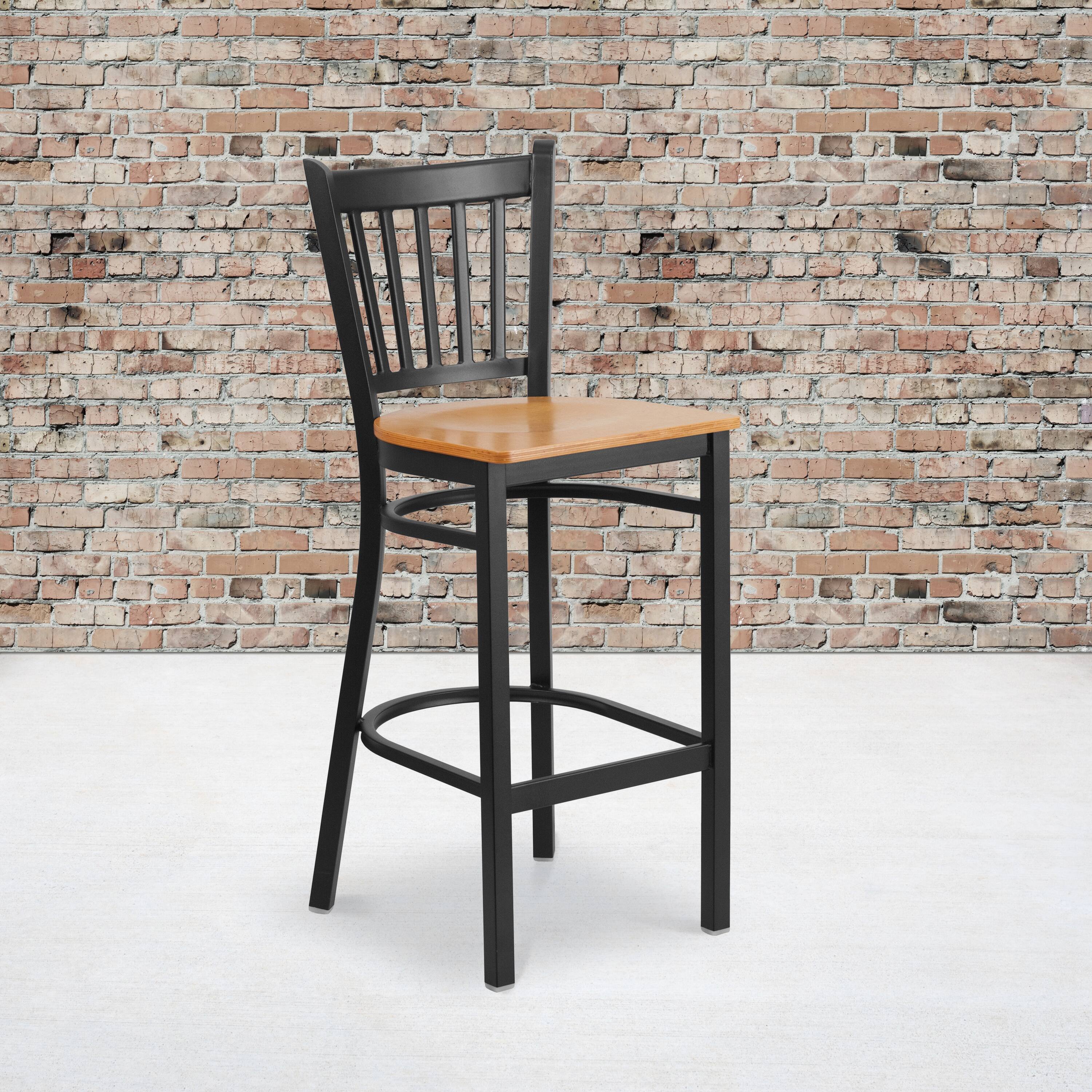 Angle. Flash Furniture - HERCULES Series Black Vertical Back Metal Restaurant Barstool - Natural Wood Seat - Natural.