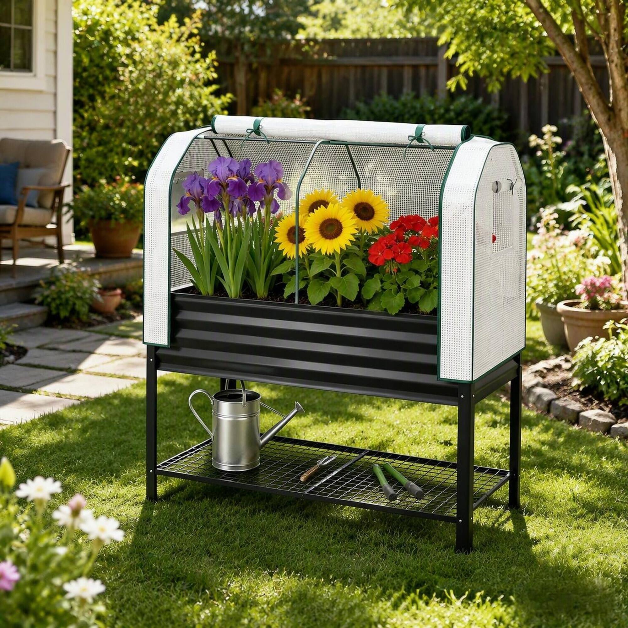 Alt View 2. RYHNUYNE - Raised Garden Bed with Legs and PE Greenhouse Cover, Elevated Planter Box with Mesh Shelf, 47.2 Inch Black Metal - Black.