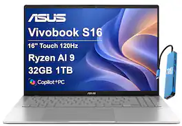 ASUS - Vivobook S16 -16” WUXGA 120Hz Touch Display - AMD Ryzen AI 9 465 2026 - 32GB RAM - 1TB SSD - Copilot+ PC - AMD Ryzen AI 9 465 - Silver