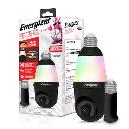 Energizer Smart 5GHz WiFi 1000 Lumens Light P/T Security Camera
- 2K Quad HD Live Video Viewing
- Multi-White and Multi-Color
- Built-in Smart AI Motion Detection
- Dual Band (2.4GHz & 5GHz)
- Auto Motion Pan & Tilt Tracking
- Weather Resistant
- Fits Standard Bulb Socket
- Works with Google Home and Alexa
Easy Setup:
1. Download the Energizer Connect App
2. Install Smart 5GHz WiFi Light P/T Security Camera
3. Connect and control through the App
System Requirements:
- WiFi router with an internet connection
- Dual 2.4GHz & 5GHz network bands
- Operating System: iOS 10.0 or later, Android 5.0 or later
- iOS Smartphone, Android Smartphone
- Input: 100V-240V
Package Includes:
- Smart 5GHz WiFi Light Bulb
- Security P/T Camera
- Socket Extender
- Quick Start Guide
Energizer