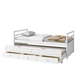 Ecooso - Twin Size Bed with Headboard, Footboard, Trundle and Three Storage Drawers, Twin Size Pine Wood Bed with Headboard - White