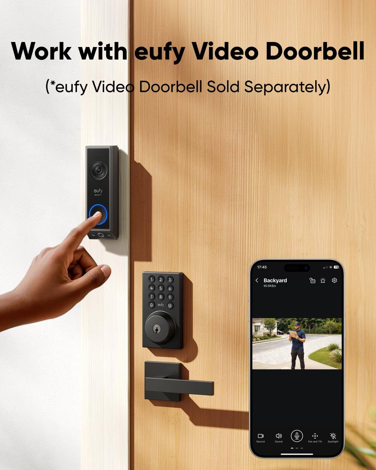 Work with eufy Video Doorbell (*eufy Video Doorbell Sold Separately) cufy 17:45 A 1 4 2 5 3 5 < Backyard I SO.8KAN 7 8 9 0 aufy 3 I Rcon Sound -a wa Th Teetute