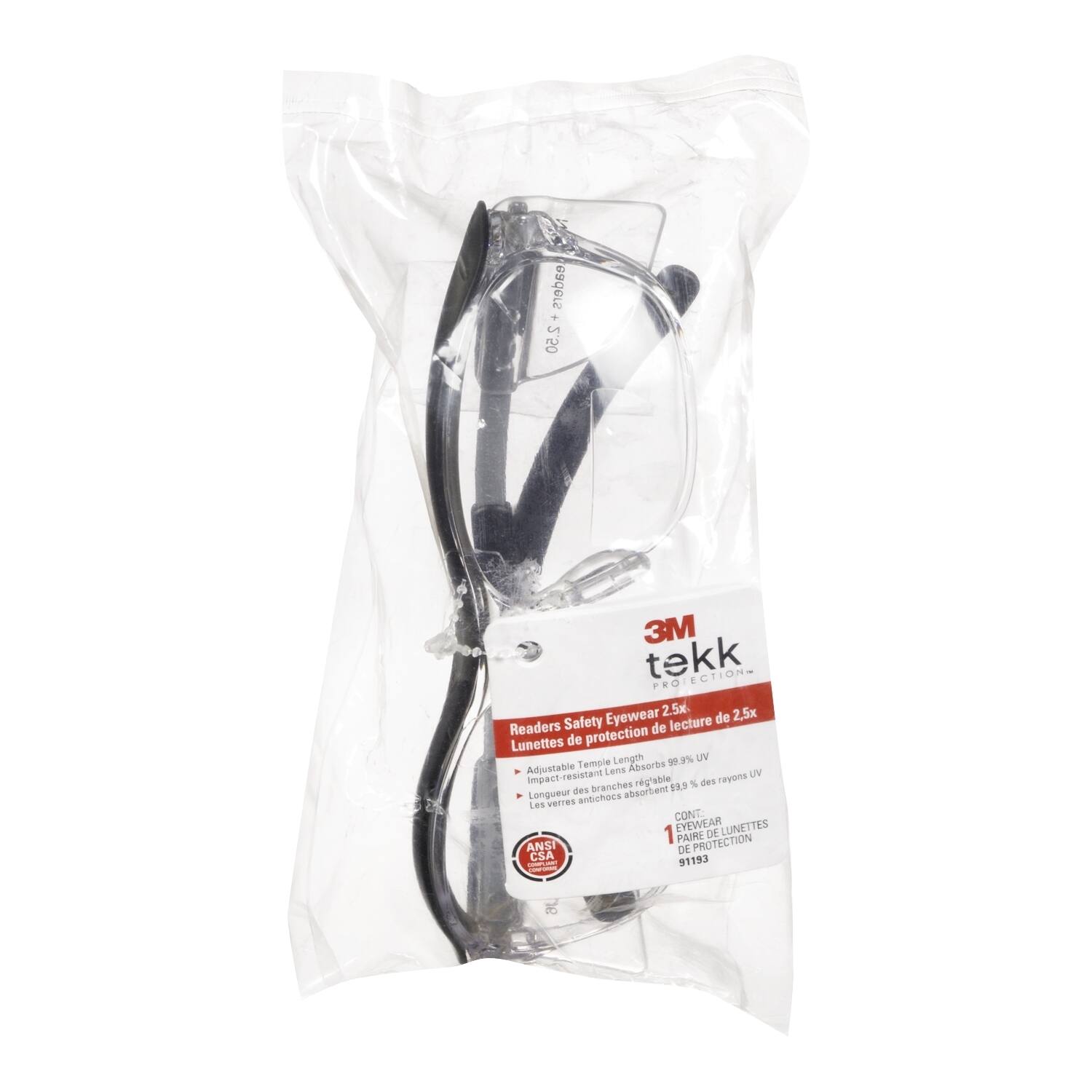 Readers + 2.50 2 3M tekk PROJECTIONS Eyewear 2.5x. de 2,5x Readers Safety de lecture Lunettes de protection Length 99.3% UV Adjustable Temple Absorbs Lens UV Impact-resistant impact reg'able % des revons des branches absorbent 115 Longueur antchoes Les verres CONT: EYEWEAR LUNETTES 1 PAIRE DE ANSI DE PROTECTION CSA 91193