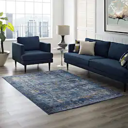 Modway - Minu Distressed Floral Lattice Area Rug - Dark Blue Yellow and Orange