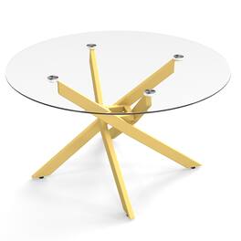 Costway - 31.5" Glass Coffee Table with Tempered Glass Top & Geometric Gold Metal Frame - Transparent & Gold