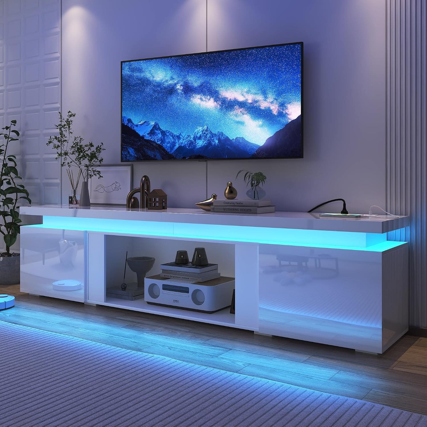 Espafurni - 71inch Modern High Gloss TV Stand with Power Outlet Storage for up to 80" TVs - White