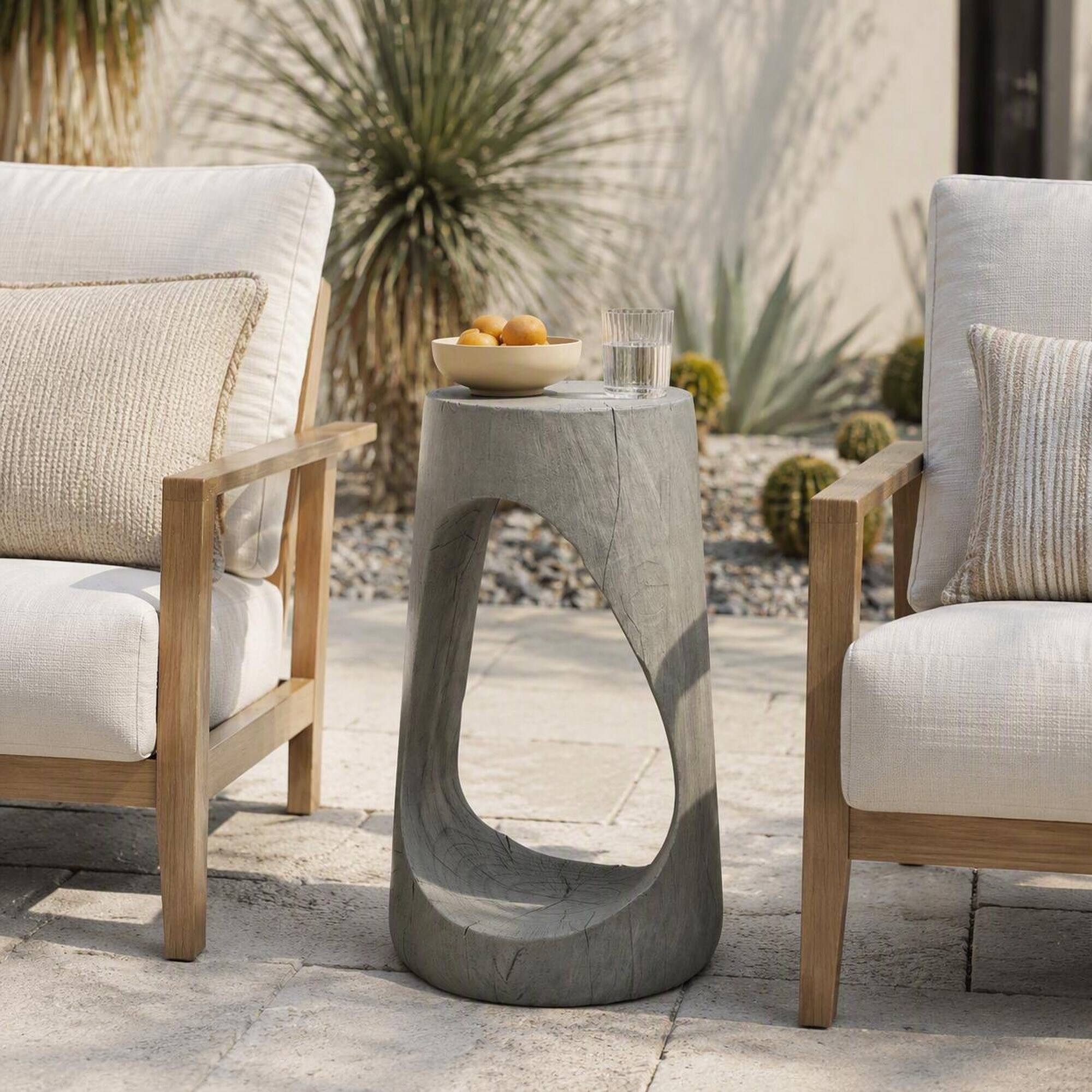 Left. RYHNUYNE - Outdoor Side Table with Wood-Grain Finish, Hollow Design Accent Stool for Patio Balcony Poolside - Gray.