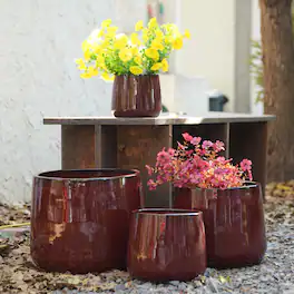 Loheer - Ceramic Flower Pot Set, Handmade Red Glazed Planters, Set of 4 Breathable Clay Pots for Indoor Outdoor Flowers