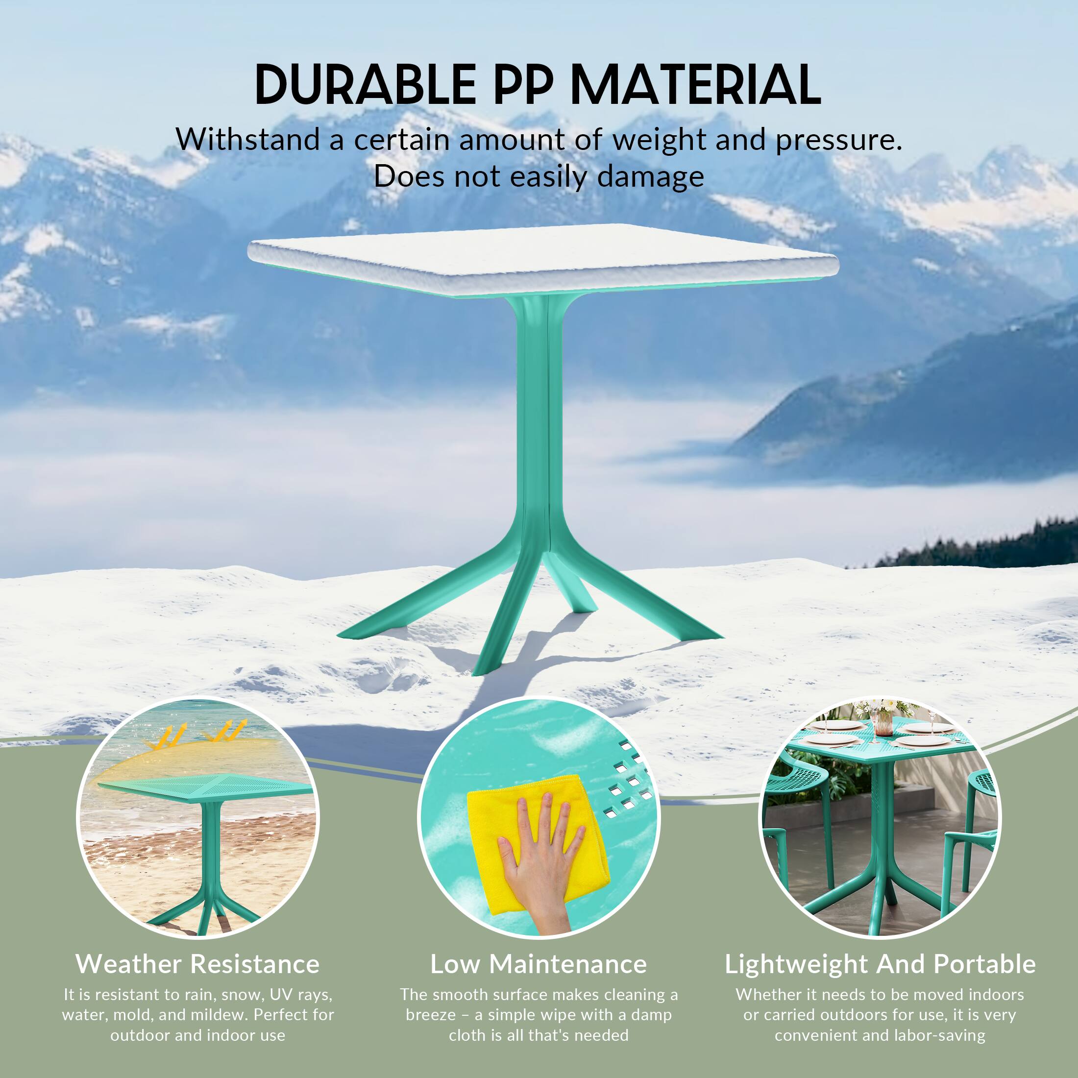 DURABLE PP MATERIAL  
Withstand a certain amount of weight and pressure.  
Does not easily damage  

Weather Resistance  
It is resistant to rain, snow, UV rays, water, mold, and mildew. Perfect for outdoor and indoor use  

Low Maintenance  
The smooth surface makes cleaning a breeze - a simple wipe with a damp cloth is all that's needed  

Lightweight And Portable  
Whether it needs to be moved indoors or carried outdoors for use, it is very convenient and labor-saving