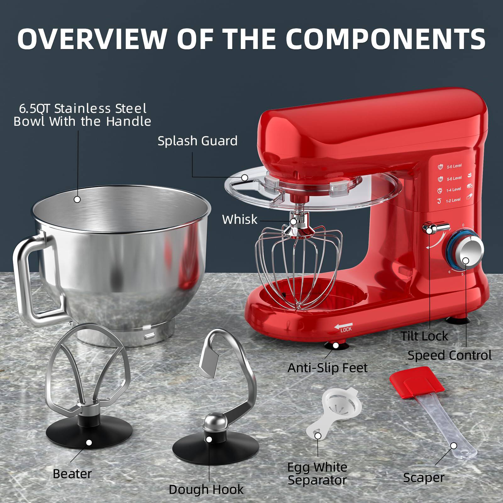 OVERVIEW OF THE COMPONENTS

- 6.5QT Stainless Steel Bowl With the Handle
- Splash Guard
- Whisk
- Beater
- Dough Hook
- Egg White Separator
- Scaper
- Anti-Slip Feet
- Tilt Lock
- Speed Control