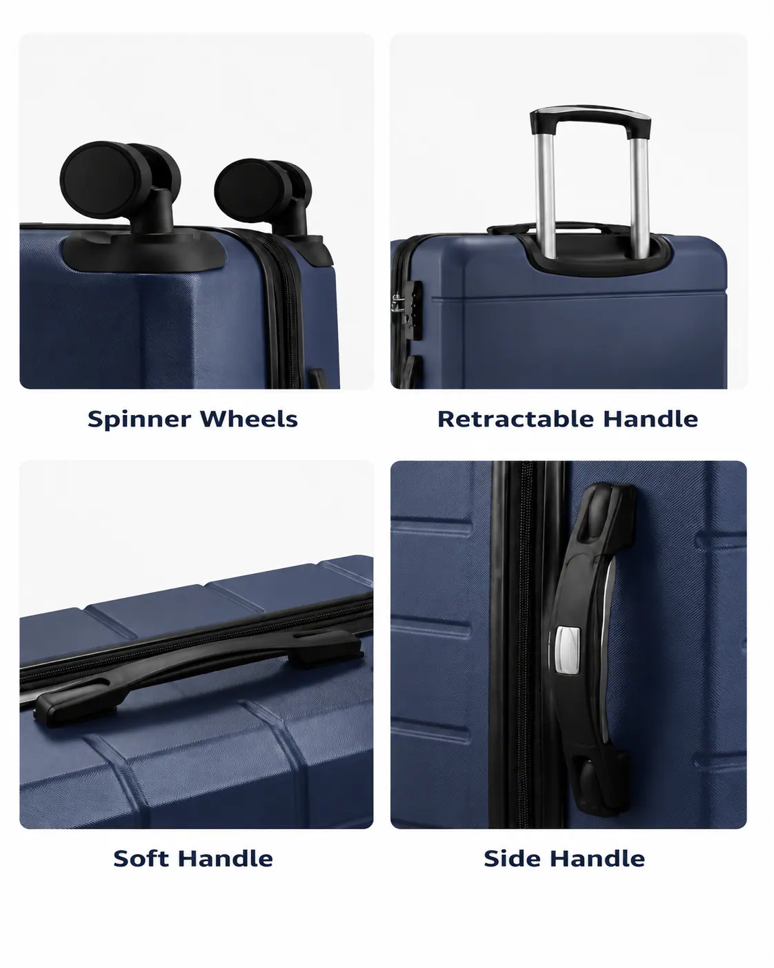 Spinner Wheels  
Retractable Handle  
Soft Handle  
Side Handle