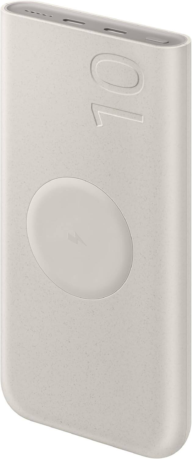 Angle. Samsung - SAMSUNG 25W 10,000mAh Battery Pack Wireless Charger, Super Fast Charging w/ 2 Ports for Galaxy Phones, Buds and More, 3A - Beige.
