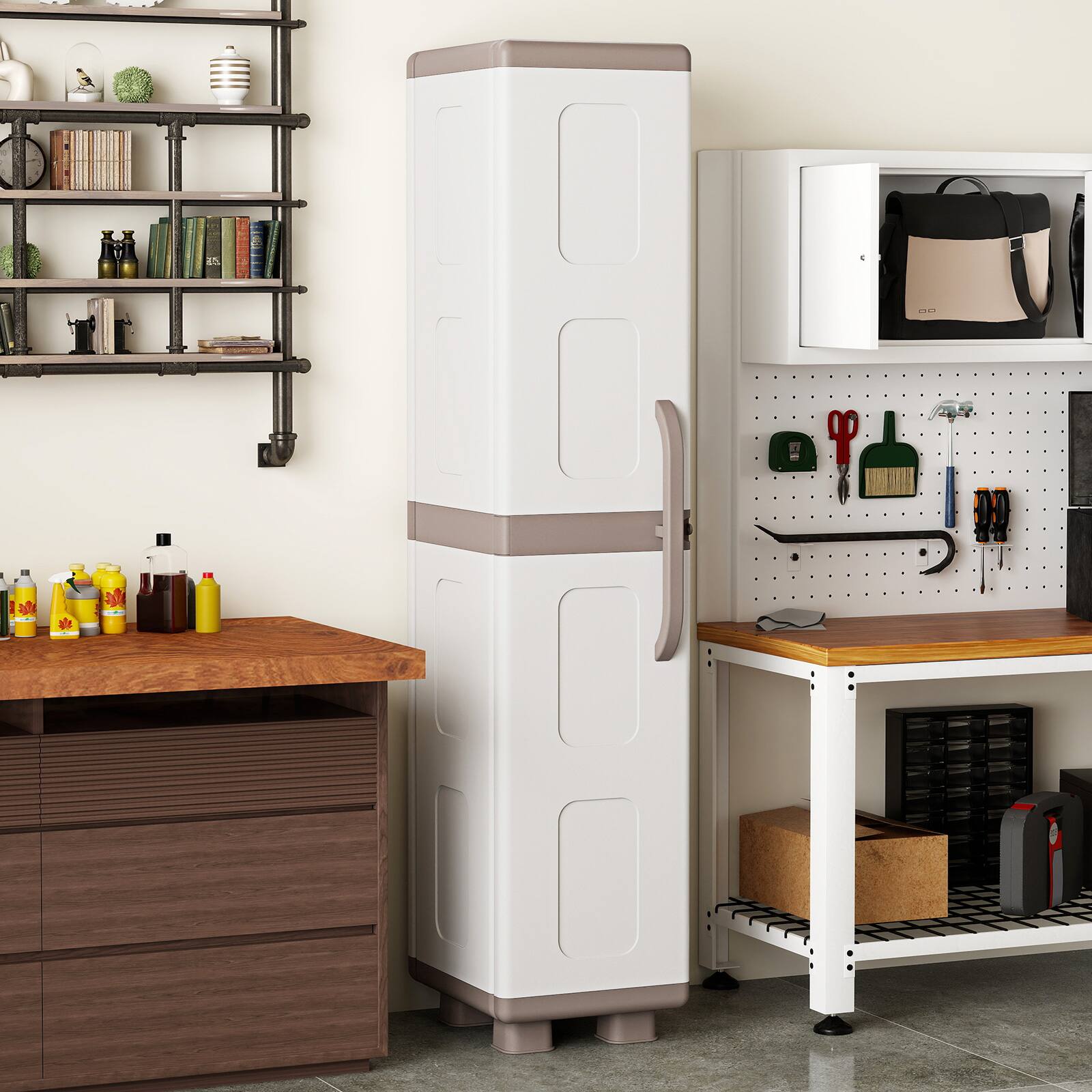 Alt View 3. Costway - Costway Slim Storage Cabinet with Single Door, Plastic Kitchen Pantry with 4 Shelves - Brown and White.