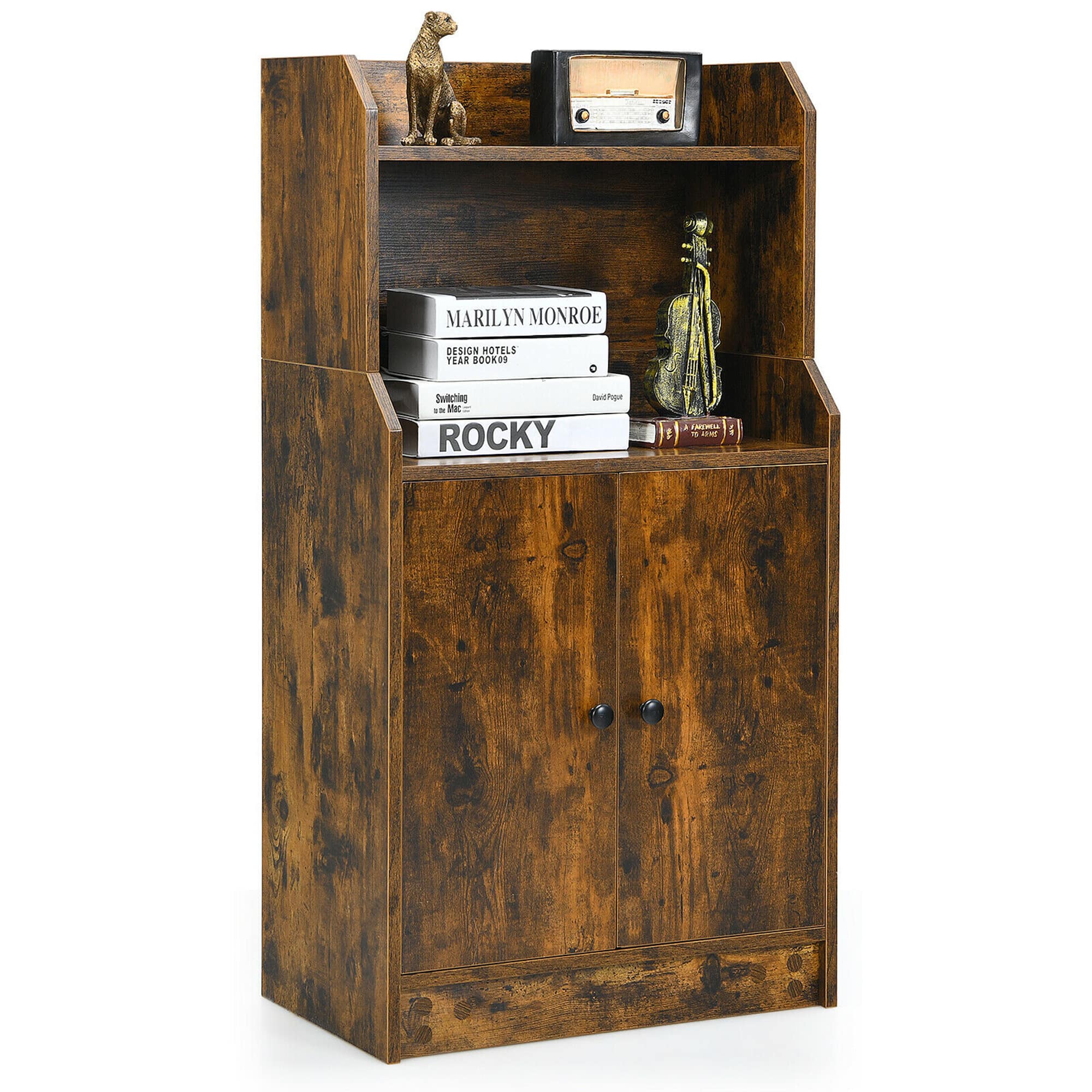 Gymax - Storage Cabinet Bookcase w/2 Doors and Open Shelves Display Shelf - Rustic Brown