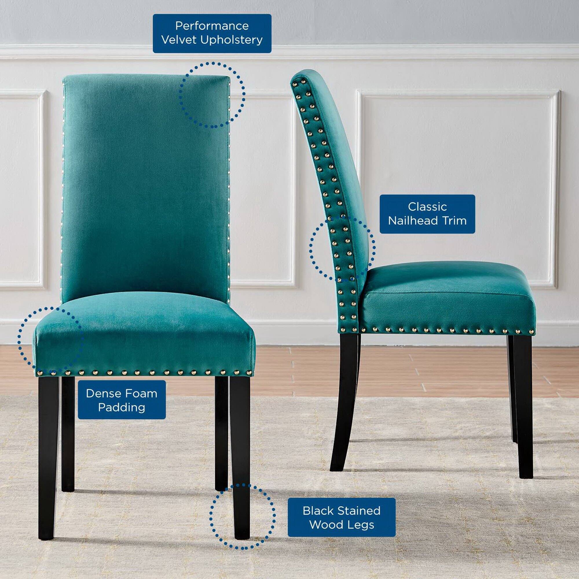 - Performance Velvet Upholstery
- Classic Nailhead Trim
- Dense Foam Padding
- Black Stained Wood Legs