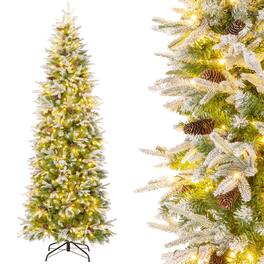 Costway - 7.5 FT Flocked Christmas Tree with 913 PE PVC Branch Tips 350 Warm White LED Lights - Green/White