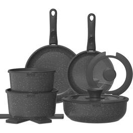 YASHE - 15-Piece Nonstick Cookware Set with Detachable Handles, Stackable Granite Pots and Pans Set - Black
