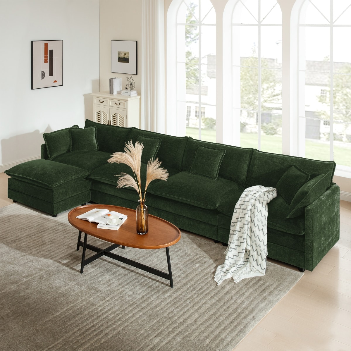 Ropilly - Modular Sectional Sofa, Green U Shaped Couch with Ottoman, Chenille 4 Seater Sectional Couch - Green