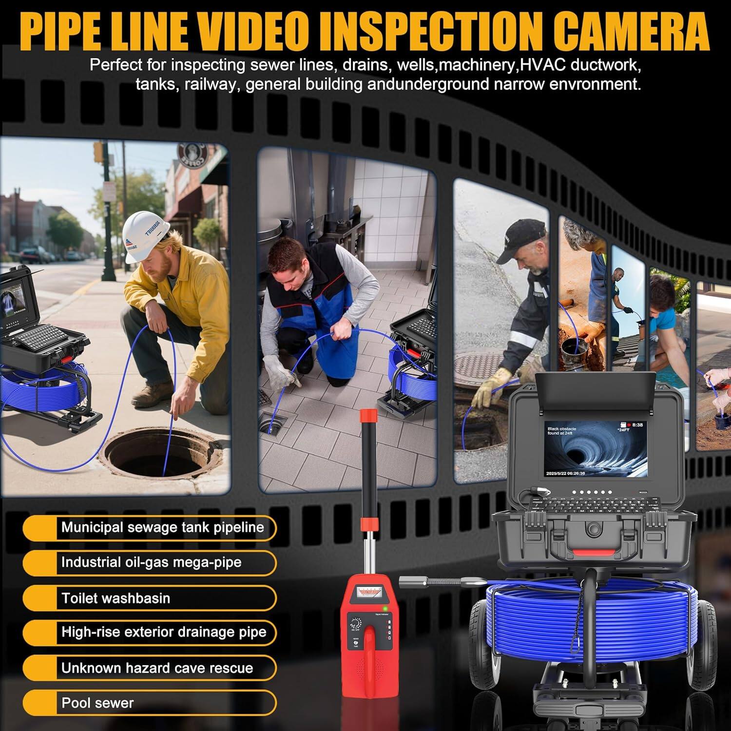 Angle. Aukfa - Sewer Camera with Locator - 10" HD Borescope, Self-Leveling, IP68, 250Ft 7MM Cable, DVR, 5X Zoom.