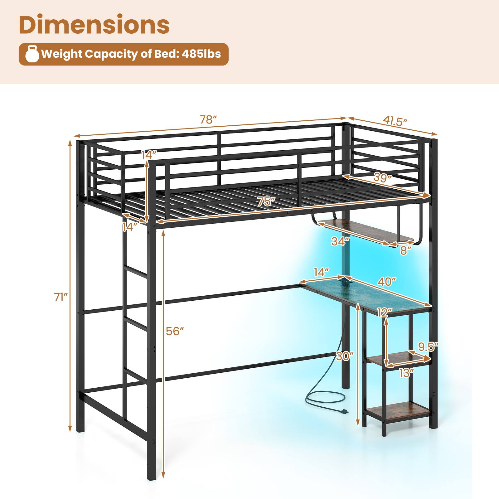 Dimensions Weight Capacity of Bed: 485lbs  
78" x 41.5" x 14"  
75" x 39" x 14"  
71" x 56" x 14"  
34" x 8" x 30" x 40" x 12"  
4" x 9.5" x 13"
