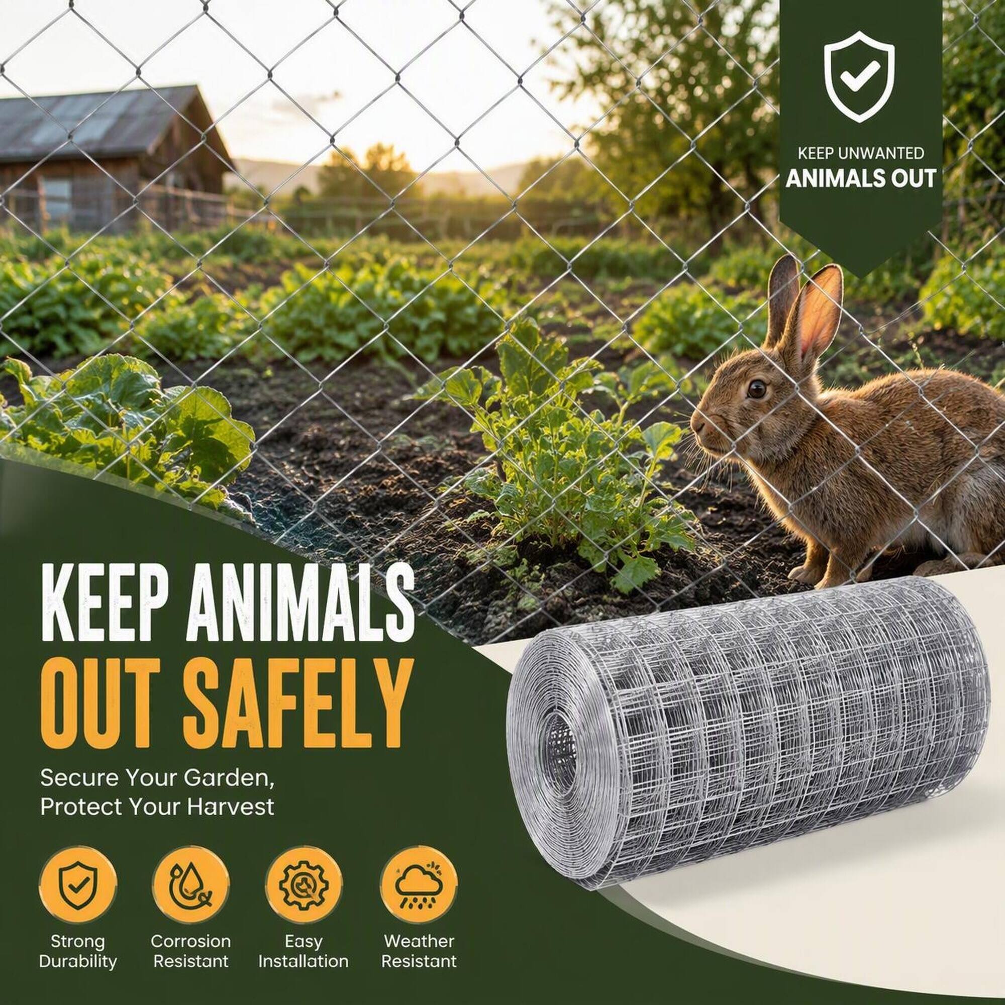 KEEP UNWANTED ANIMALS OUT

KEEP ANIMALS OUT SAFELY

Secure Your Garden, Protect Your Harvest

Strong Durability
Corrosion Resistant
Easy Installation
Weather Resistant