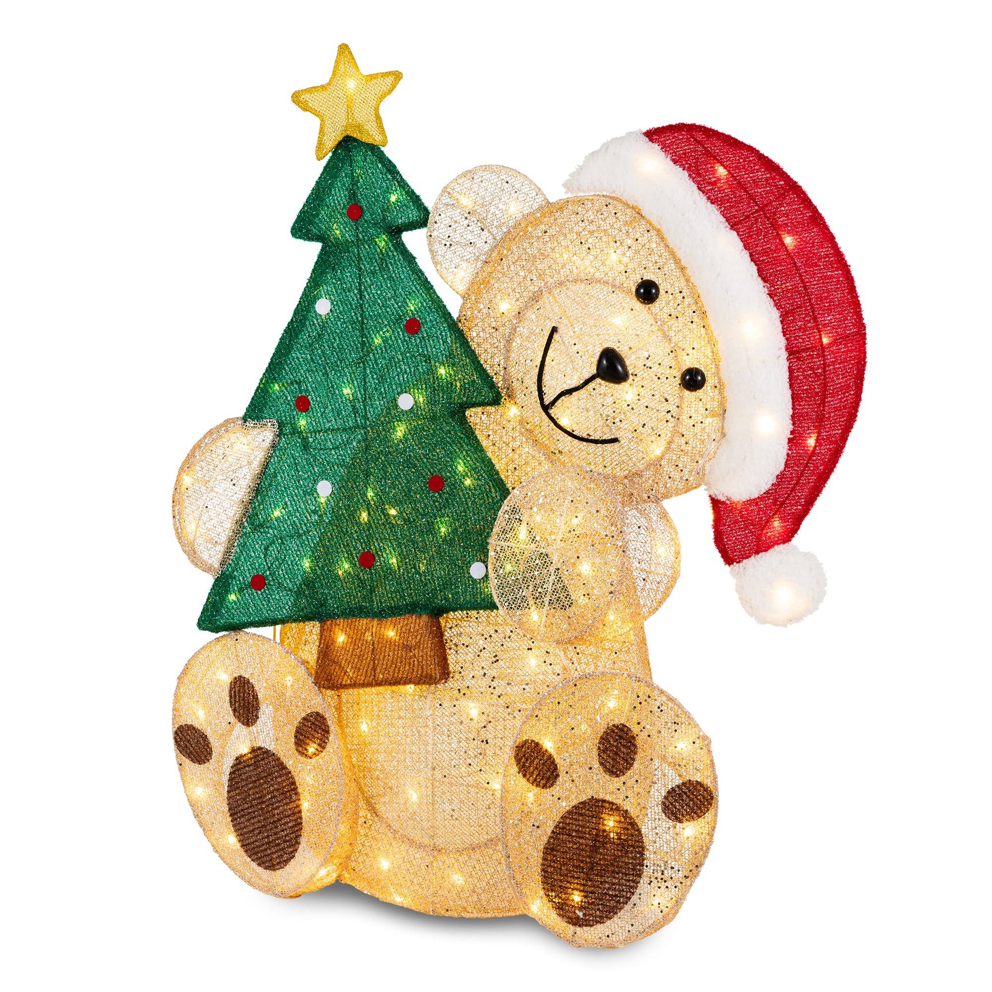 Angle. Glitzhome - 34.25"H 3D Glittered Fabric Greeting Bear with Tree with 110 LED Lights - Multi-Colored.