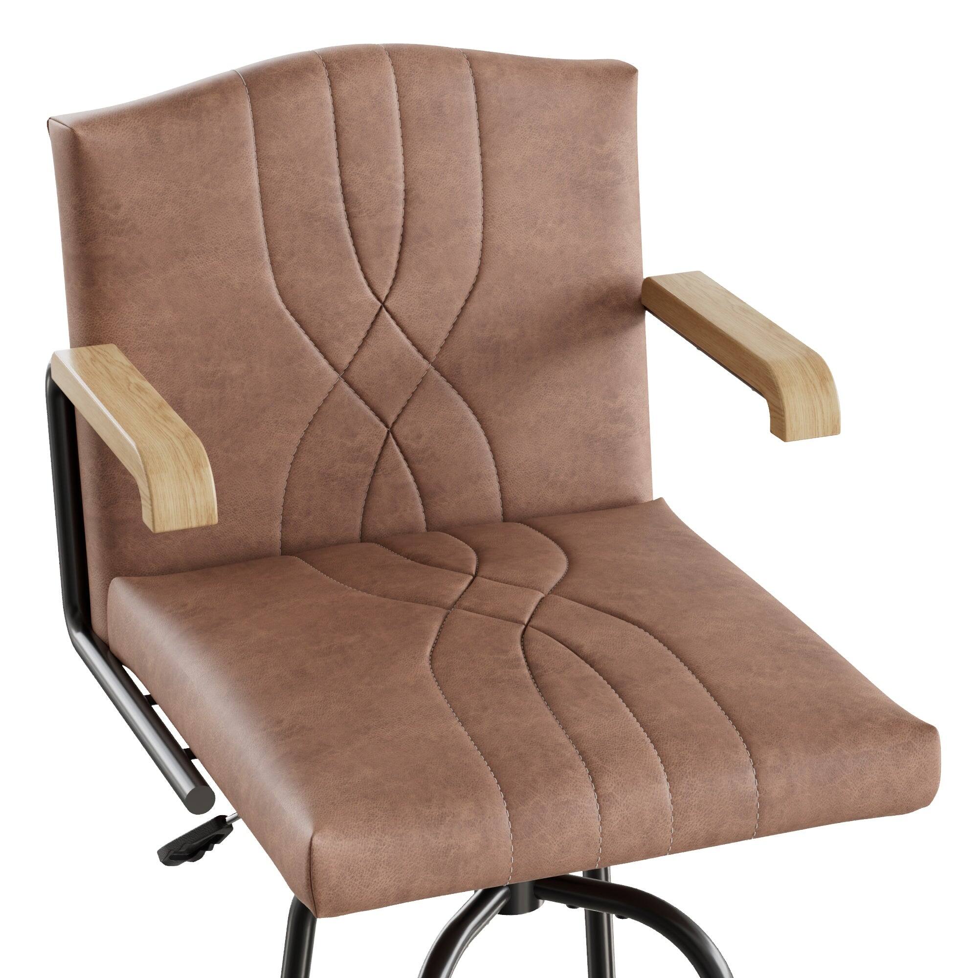 Alt View 1. Vecelo - Brown PU Leather Bar Stool Set Of 4 With Arms -Metal Frame, Wooden Arms And Floor Protectors - Brown.