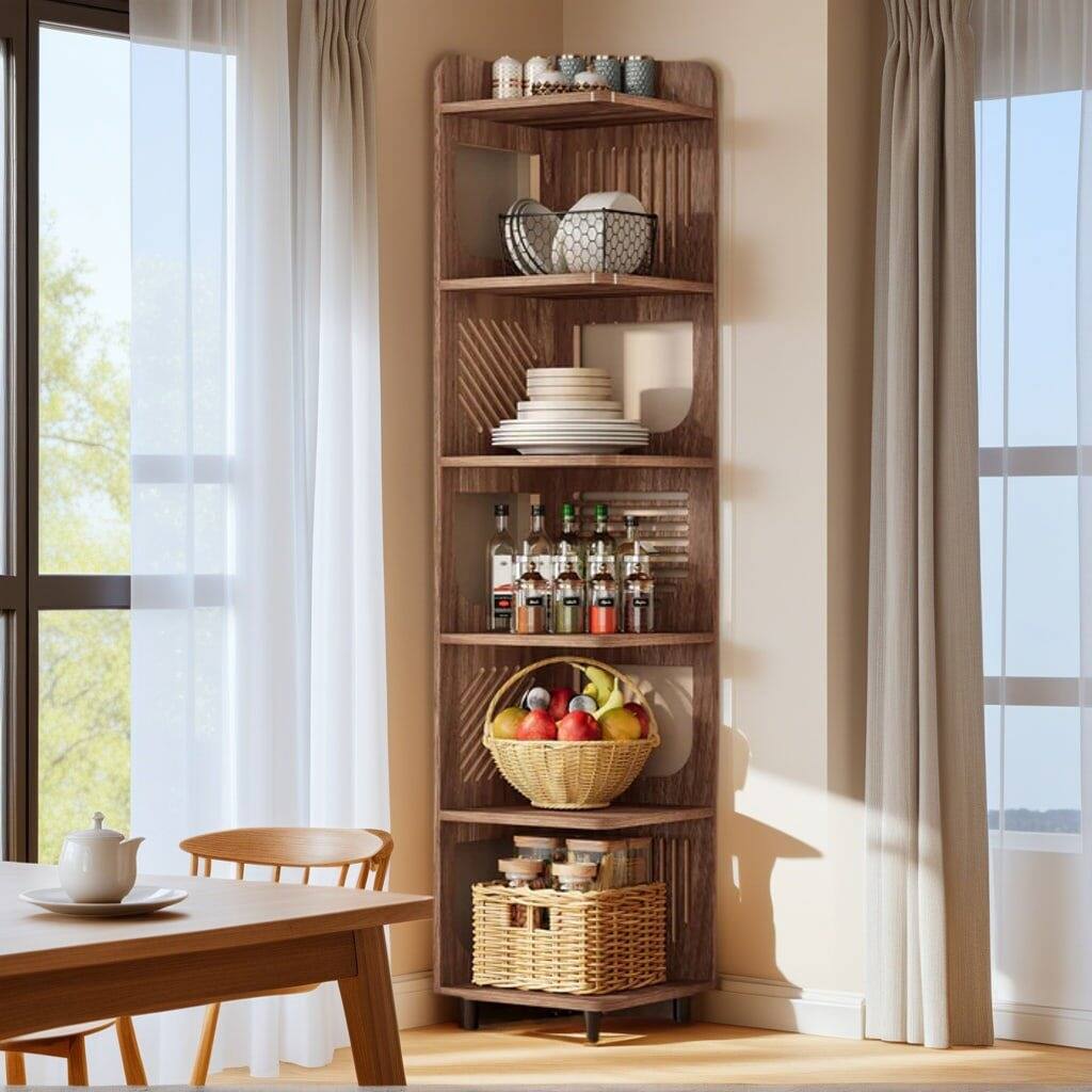 Left. Kadyn - Kadyn Wooden Corner Display Shelf, 5-Tier Storage for Living Room, Brown, Space-Saving Solution, Brown - Brown.