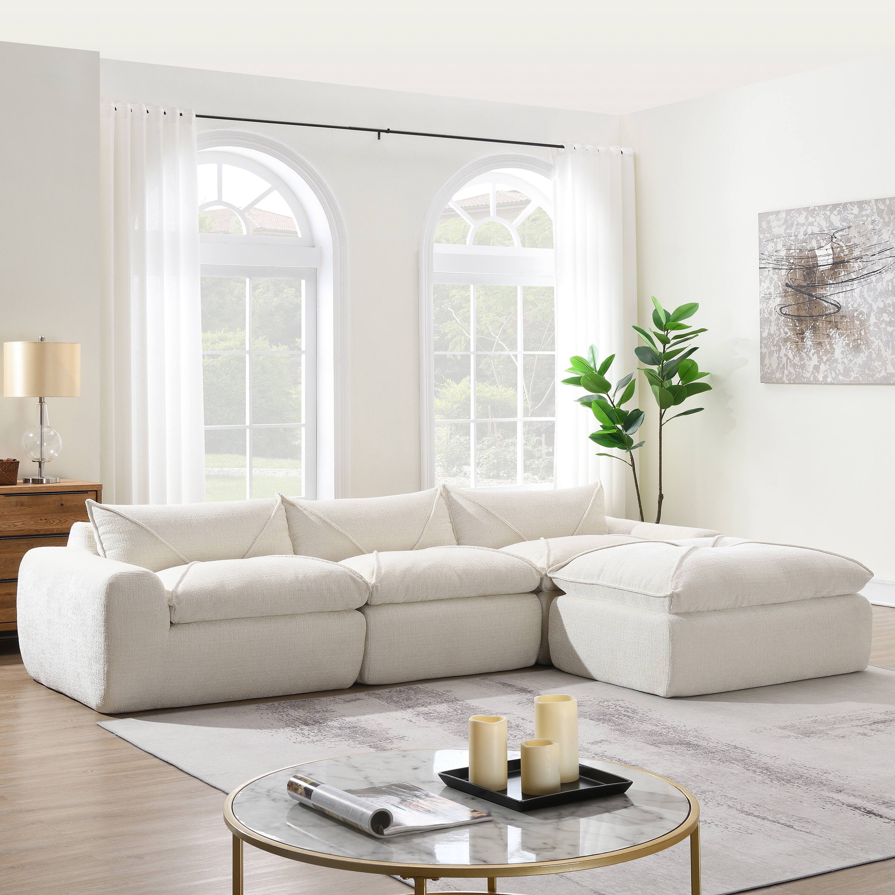 Front. Whisen - Fully Assembled Sectional Sofa with Ottoman,High-Density Foam Legless Floor Couch - White.