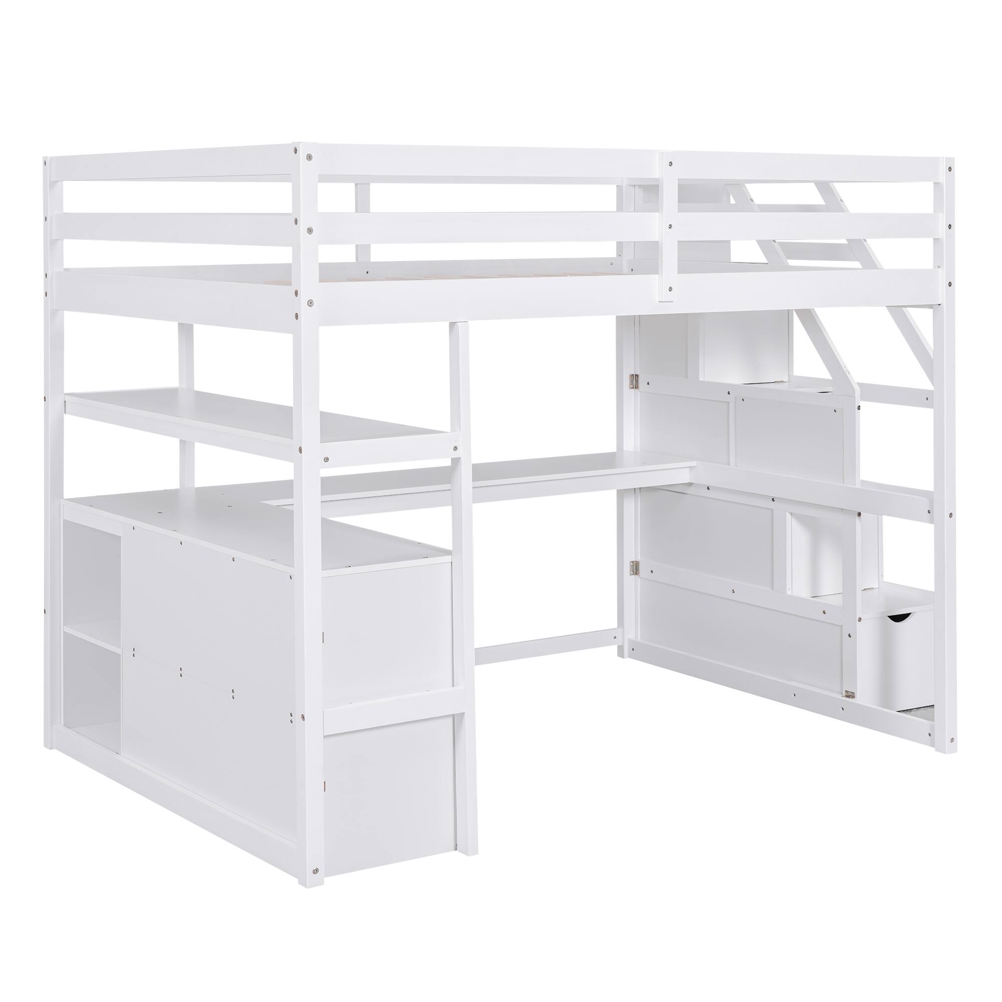 Alt View 8. Tiramisubest - Full Size Loft Bed with Desk, Shelves, Drawers & Storage Staircase, White Pine Wood - White.