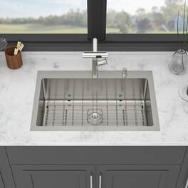 Siljoy - 30" Drop-in Kitchen Sink with Pull-out Faucet and Soap Dispenser Single Bowl 16 Gauge Stainless Steel Topmount Basin - Brushed Nickel