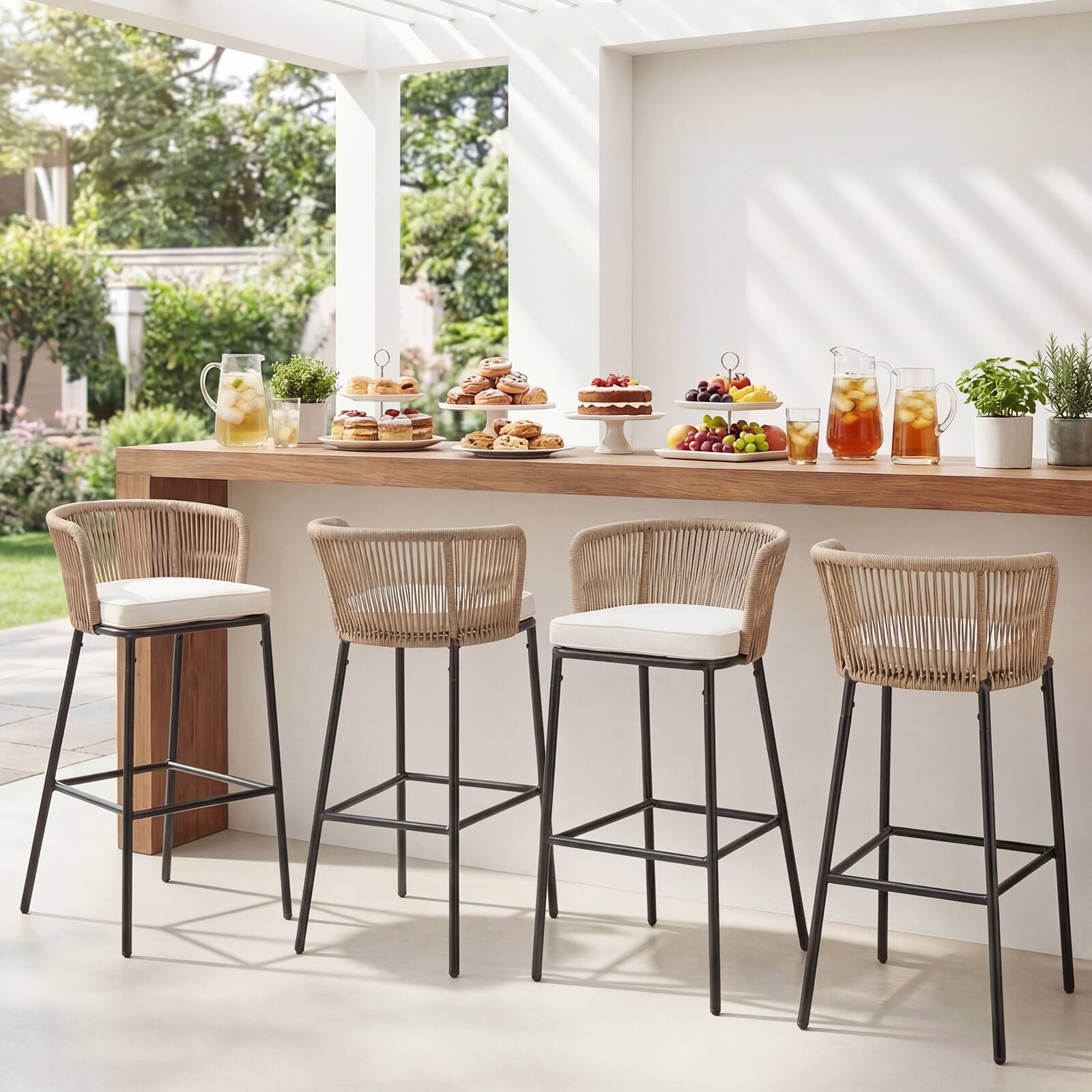 Alt View 1. Gymax - Gymax Outdoor Bar Stools Set of 4 w/Cushions & Backrests for Balcony Garden Poolside - Beige.