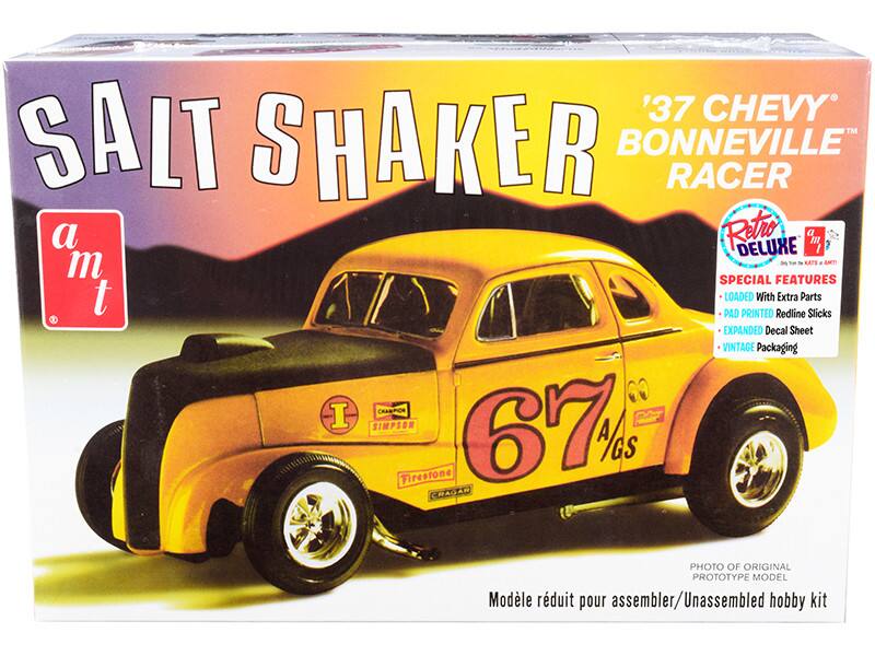 Sure, here is the corrected and grouped text from the image:

---

**SALT SHAKER**

**'37 CHEVY™ BONNEVILLE™ RACER**

**a m t**

**Retro DELUXE**

**SPECIAL FEATURES**

- LOADED With Extra Parts
- PAD PRINTED Redline Slicks
- EXPANDED Decal Sheet
- VINTAGE Packaging

**67 A/GS**

**I SIMPSON**

**Firestone**

**CRAGAR**

**PHOTO OF ORIGINAL PROTOTYPE MODEL**

**Modèle réduit pour assembler/Unassembled hobby kit**

---