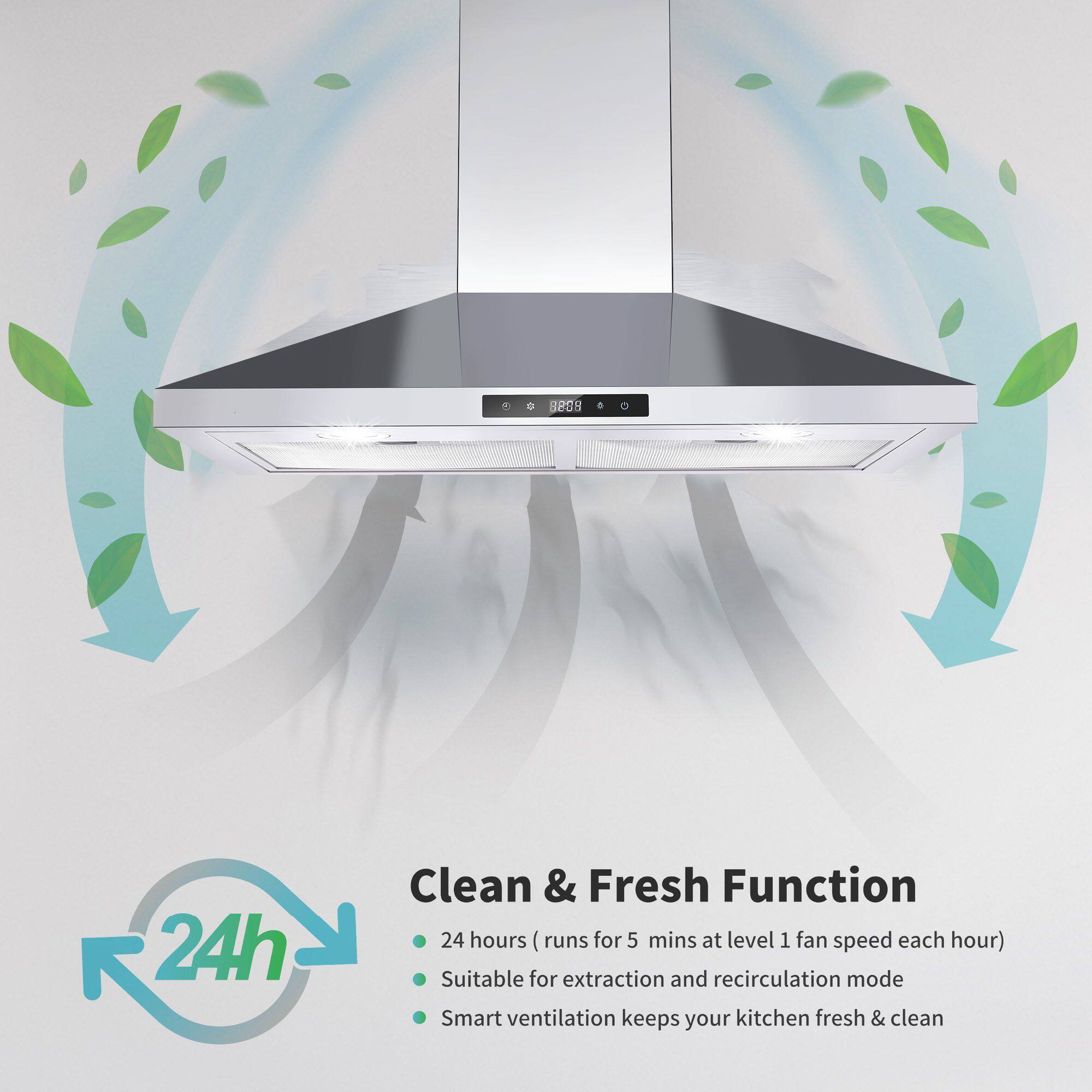 9209 24h Clean & Fresh Function  
- 24 hours (runs for 5 mins at level 1 fan speed each hour)  
- Suitable for extraction and recirculation mode  
- Smart ventilation keeps your kitchen fresh & clean