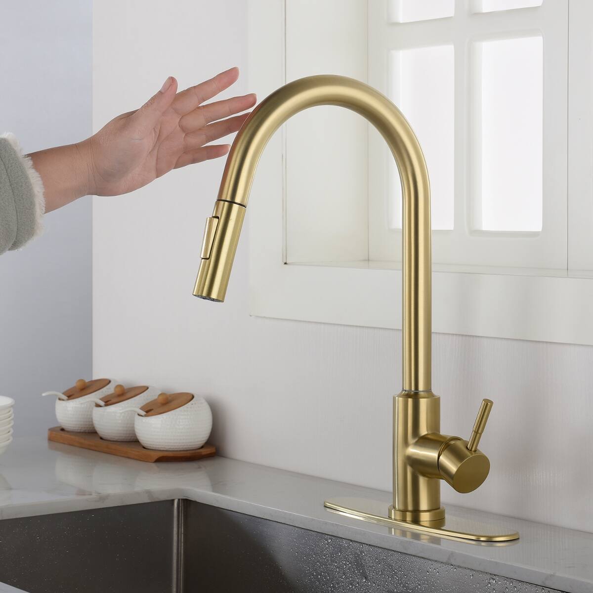 Angle. Ropilly - Ropilly Touch Kitchen Faucet with Pull Down Sprayer, Brushed Gold Stainless Steel High Arc Sink Faucet - Brushed Gold.